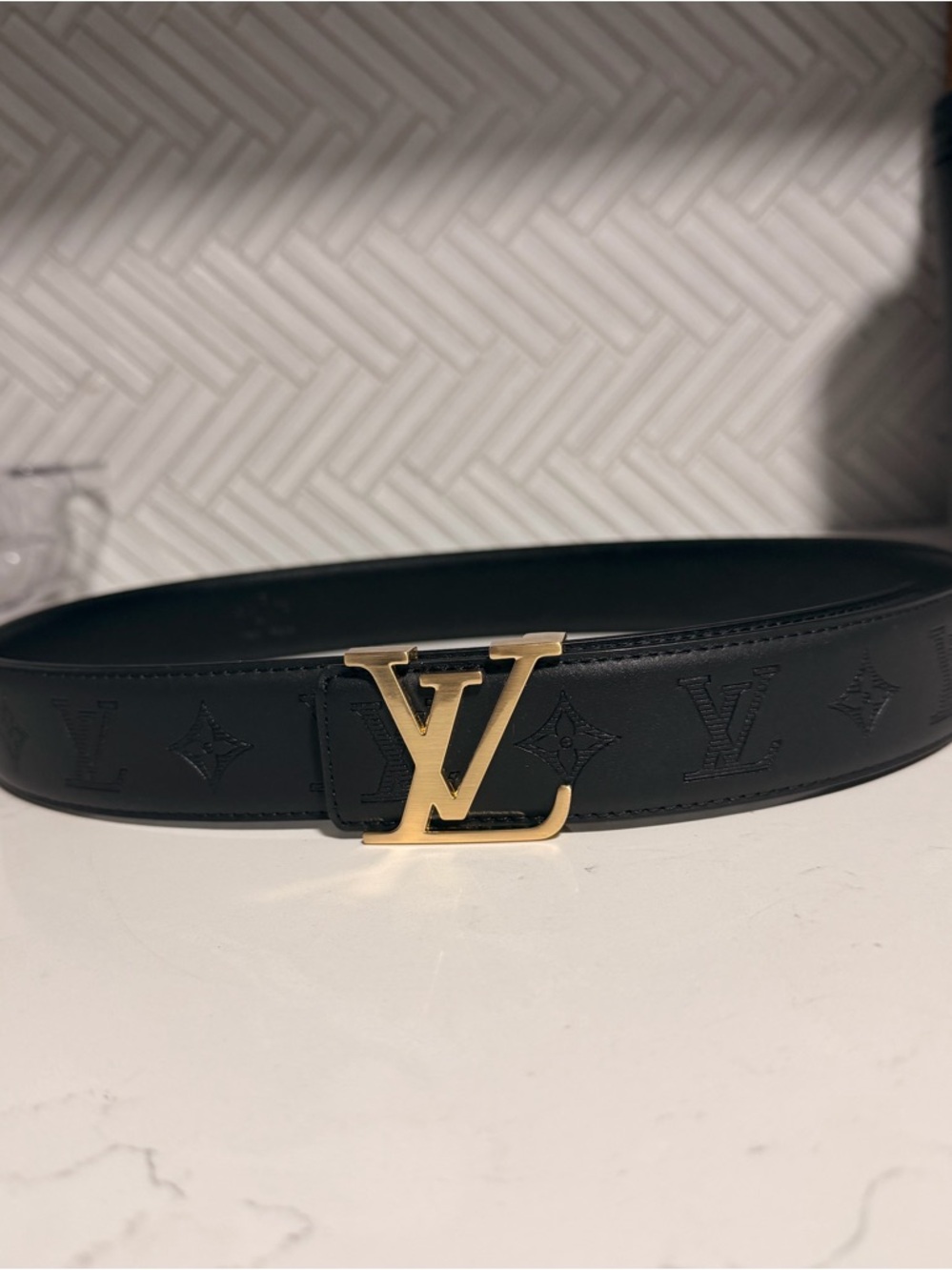Louis Vuitton Black Leather Monogram Belt with Gold LV Buckle medium adjustable